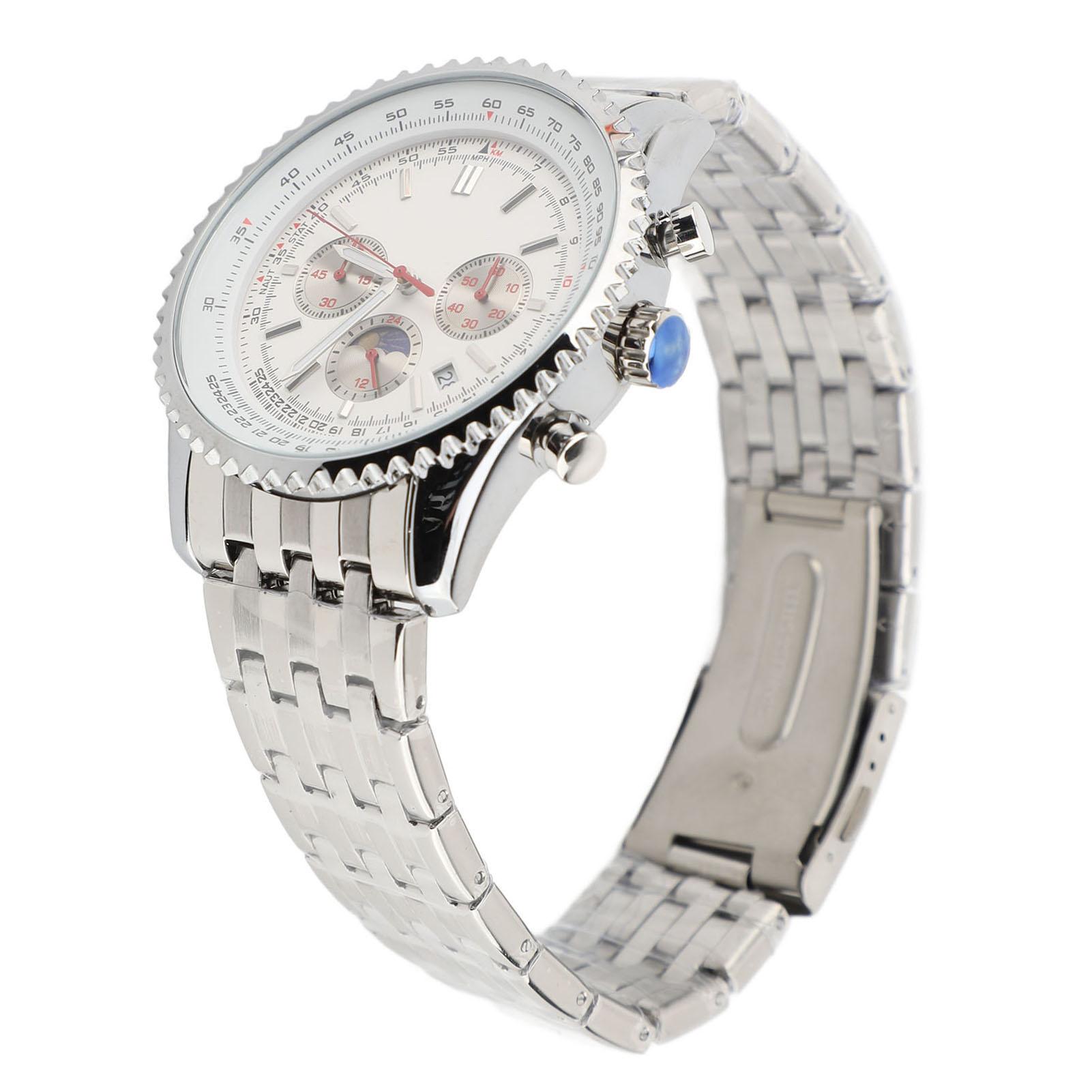 

Men Quartz Watch with Calendar and Moon Phase Zinc Alloy Case Stainless Steel Strap Men Wristwatch