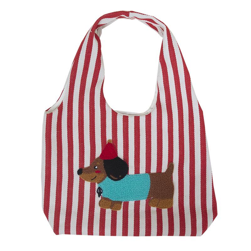 Cute Dog Embroidery Women's Shoulder Vest Bag Large Capacity Female Commute Shopping Bags Simple Striped Ladies Tote Handbags