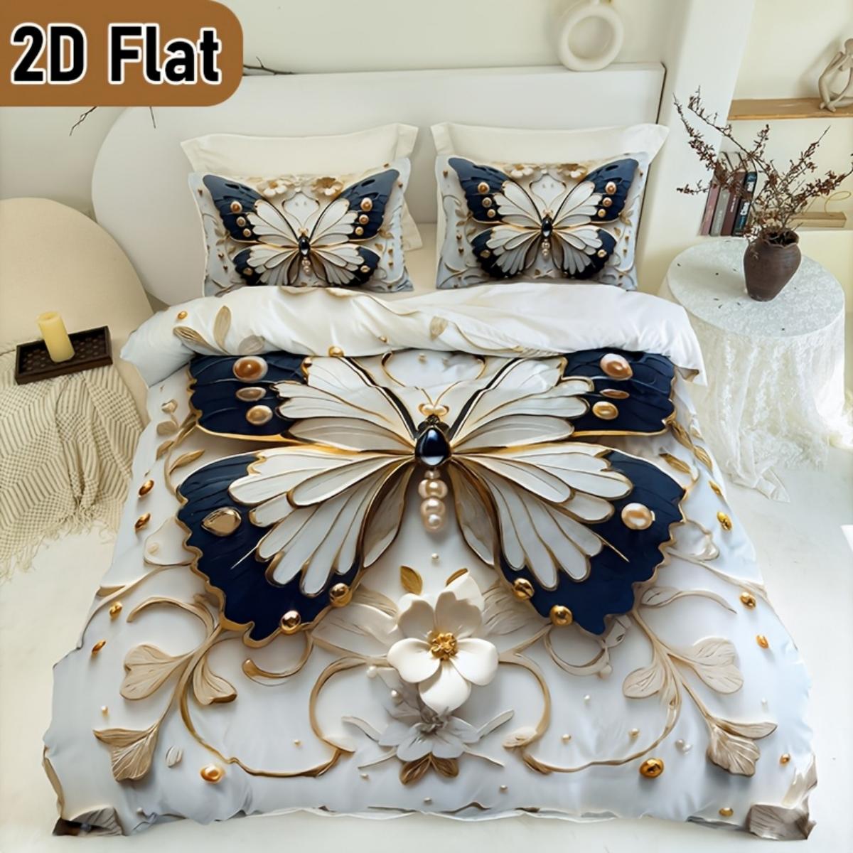

Gold Blue Butterfly Floral Bedding Set Luxury 2D Print Duvet Cover Pillowcase Breathable Wrinkle-Free For Bedroom Decor AU Double(180x210cm)