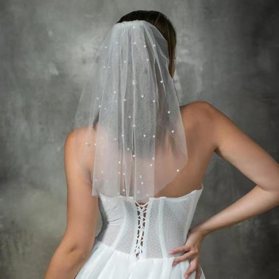 Yousheng Bridal Veil with Faux Pearls Embellishment Women Lightweight Breathable Tulle Bride Veil Lightweight Short Bridal Veil