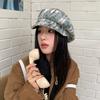 Retro plaid star horn beret women's versatile face small bud painter hat big head circumference hat