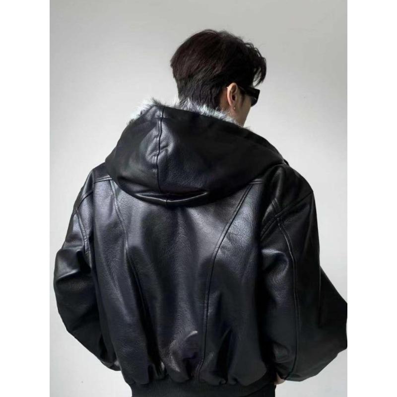 Men's Winter Hooded PU Leather Jacket with Fur Collar - Trendy, Loose, Versatile, Plus Velvet, Thickened for Warmth