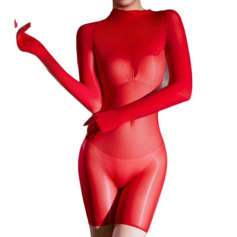 Sexy Women 5D Thin Oil Shiny Smooth Bodysuit Gloves Sleeve Sexy Tights Elastic Yoga Shaping Unisex Playsuit Maid Leotard