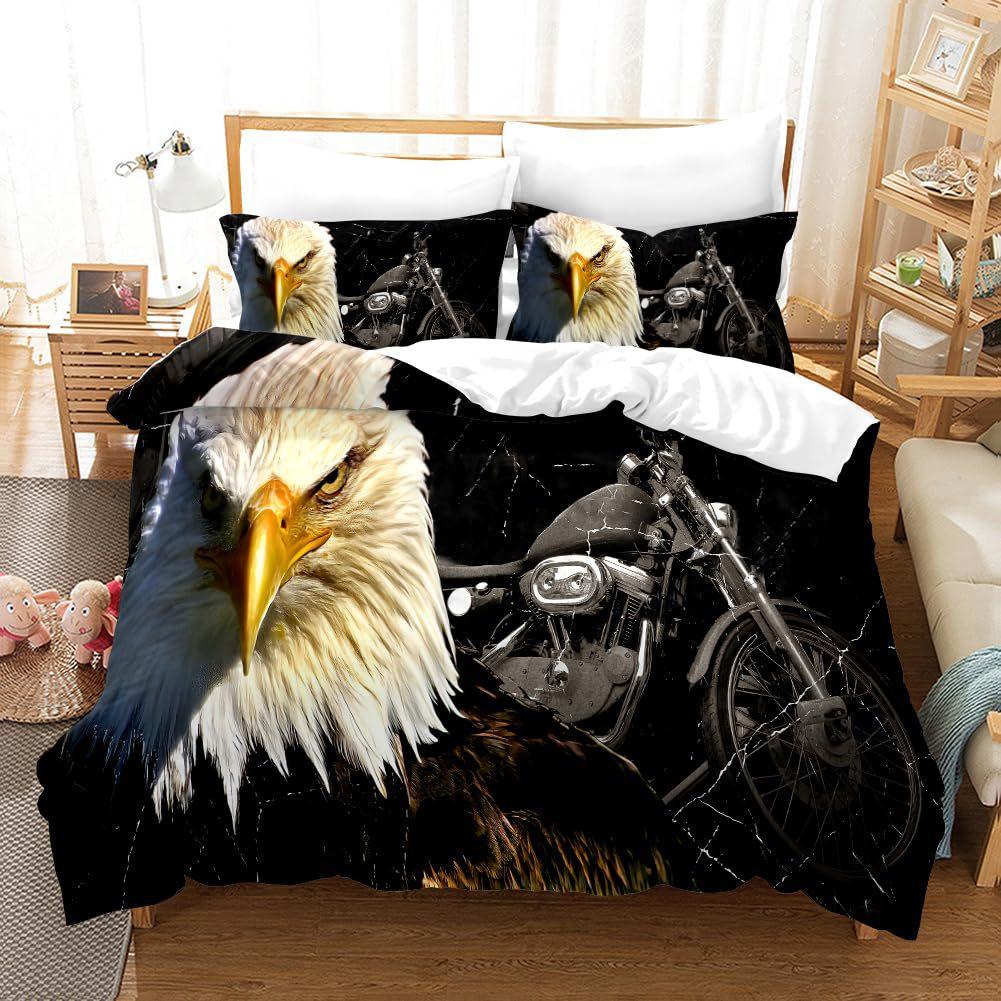 Motorcycle Eagle Printed Duvet Set Bedding Set With Pillowcase Quilt Cover Three-Piece Set