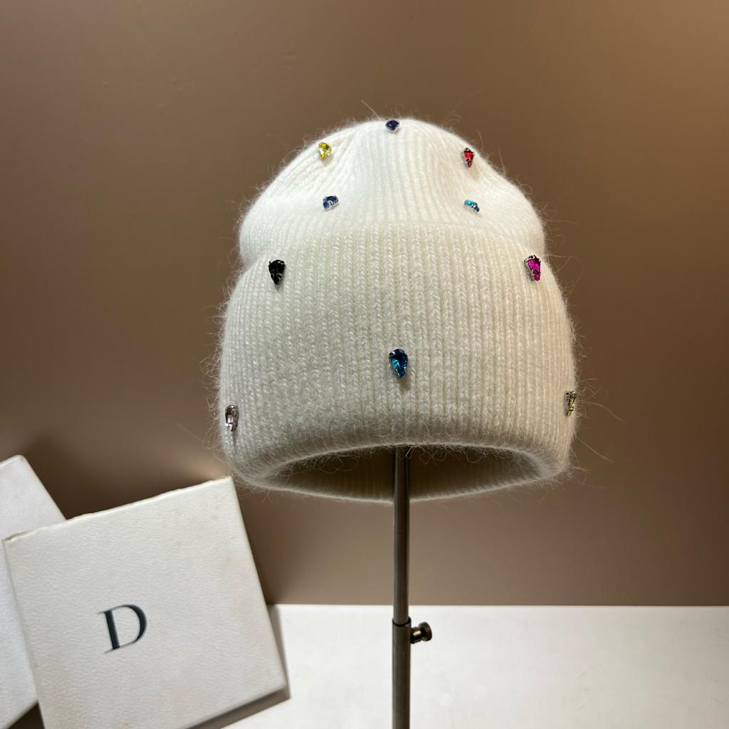 Paris Colored Diamond Light Luxury Winter Rabbit Fur Knitted Hat Personalized Youth Colorful Sweet Cool Design Wool Hat