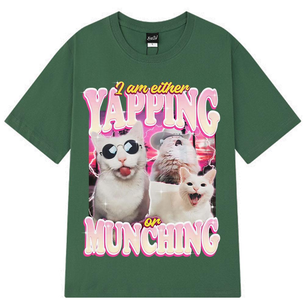 2025 Summer Funny Cat Mem Yapping or Munching 90s Retro Graphic Men Women Vintage Aesthetic Trend Cotton Leisure T-shirts Y2k S