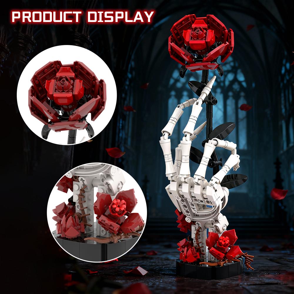 Gobricks MOC Gothic Skull Rose Bricks Model Skeleton Hand Rose Flowers Building Block Valentines Toys Gift