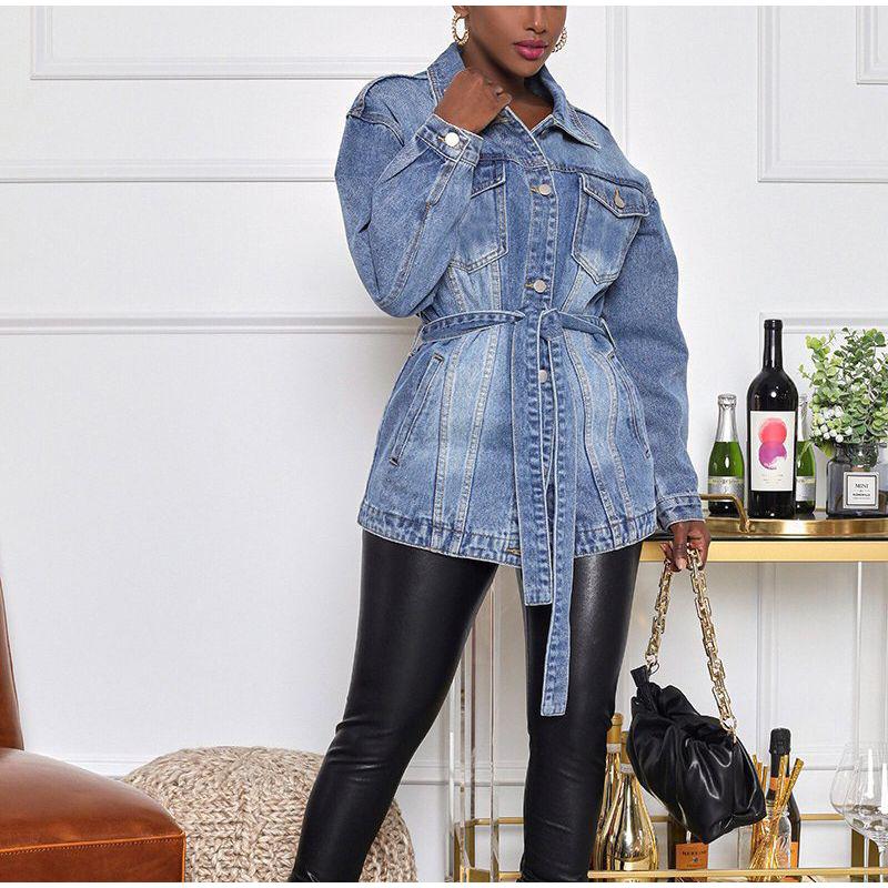 Elegant Lapel Denim Jacket with Belt Women Solid Color Long Sleeve Button Fake Pocket Loose Jacket 2025 Fashion Street Outwear