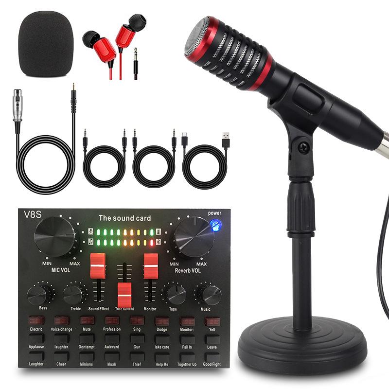 SM58 Wired Dynamic Microphone Set for Mobile & Computer Live Broadcast with V8s Sound Card & Desktop Stand