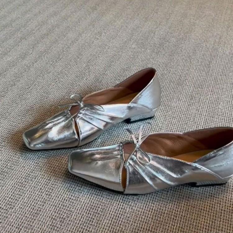 

Cowhide version~ pleated hollow Mary Jane shoes bow handmade leather low-heeled single shoes light mouth small leather shoes women 40 серебряный