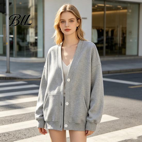 Giacca Casual Autunno Inverno Donna Cardigan con Bottoni Scollo a V, Felpa Oversize Monocolore con Cardigan Scollo a V Doppia Tasca, Manica Lunga