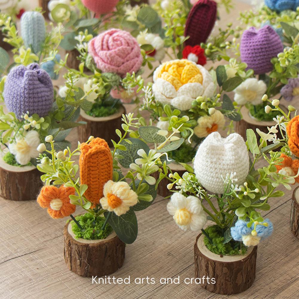 Hand-Knitted Rose Flowers Home Decoration Valentine's Day Gift Handmade Crocheted Flowers Bouquets flowerpot Desktop Ornament