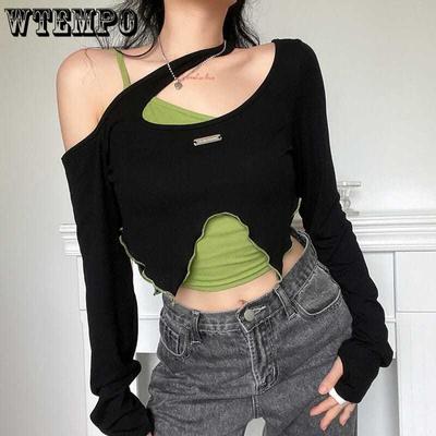 Y2k Vintage T-shirt Egirl Patchwork Crop Tops 2pcs Women Casual Camis T-shirt Streetwear Long Sleeve Lace Up Tee Top