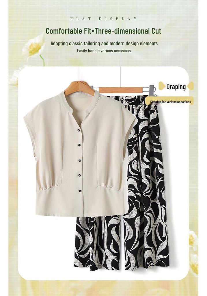 Elegant Summer Outfit Set for Women: Ice Silk Short-Sleeve Top with Skirt Pants - Perfect for Mid-Aged and Older Women