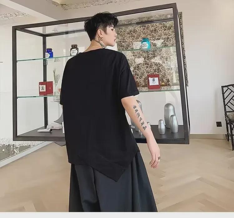 Pánské asymetrické tmavé niche holičské tričko Yamamoto Yohji, velká velikost, krátký rukáv