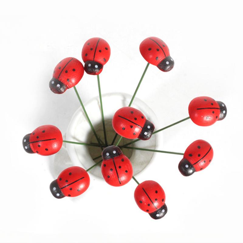 10pcs Wooden Ladybug Decorative Garden Stakes Garden Decoration Outdoor Yard Decor Easter Festival Decoration Office Home Decor