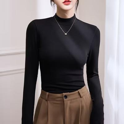 Threaded Cotton Small Stand-up Neck Bottoming Shirt Long-sleeved T-shirt Women's Semi-turtleneck Inner Slim-fitting and Thin Top