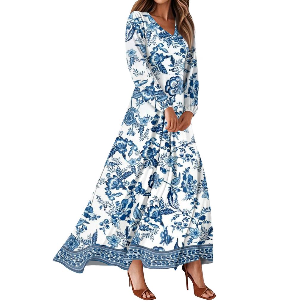 Dámské letní šaty Ležérní šaty maxi s dlouhým rukávem Roztomilé květinové šaty maxi Šaty pro svatebního hosta Vzdušné šaty