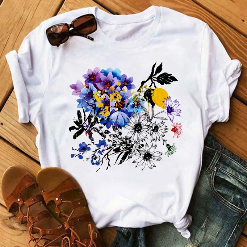 

Kawaii Fashion Floral Graphic Print Ladies T-Shirt 90S Summer Loose Blouse Short Sleeve Round Neck Female Top Clothing S білий