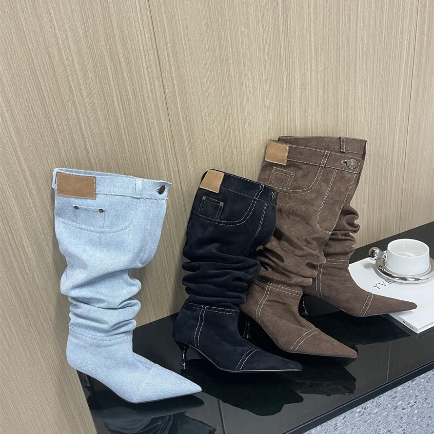 French Pointed High-heeled Western Cowboy Boots Women's Autumn and Winter New Models But Knee Women's Boots Trend Stacking Boots Fashion Boots