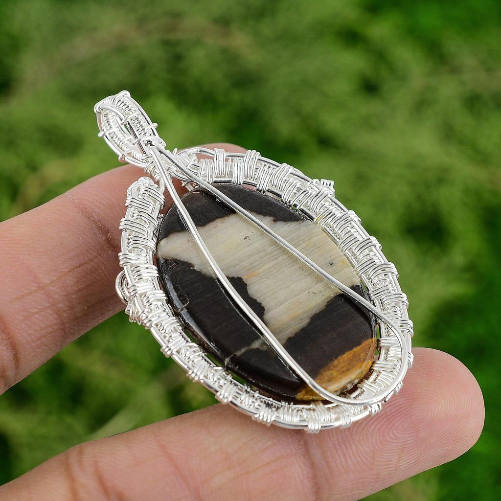 Sterling Silver Natural Peanut Wood Jasper Daughter Wire Wrap Pendant Jewelry