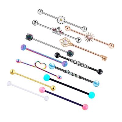 13x 14G Industrial Barbell Earrings Heart Flower Rhinestone Piercing Jewelry