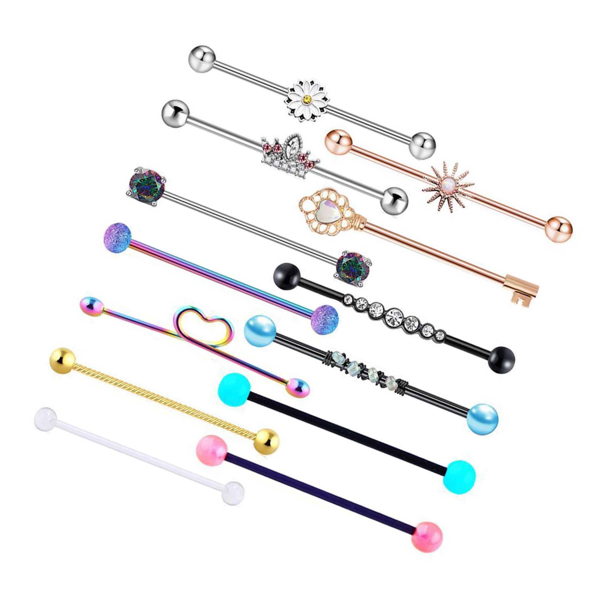 

13x 14G Industrial Barbell Earrings Heart Flower Rhinestone Piercing Jewelry CN