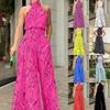 Women's Sleeveless Crew Neck Slimming Print Jumpsuit with Lace-up