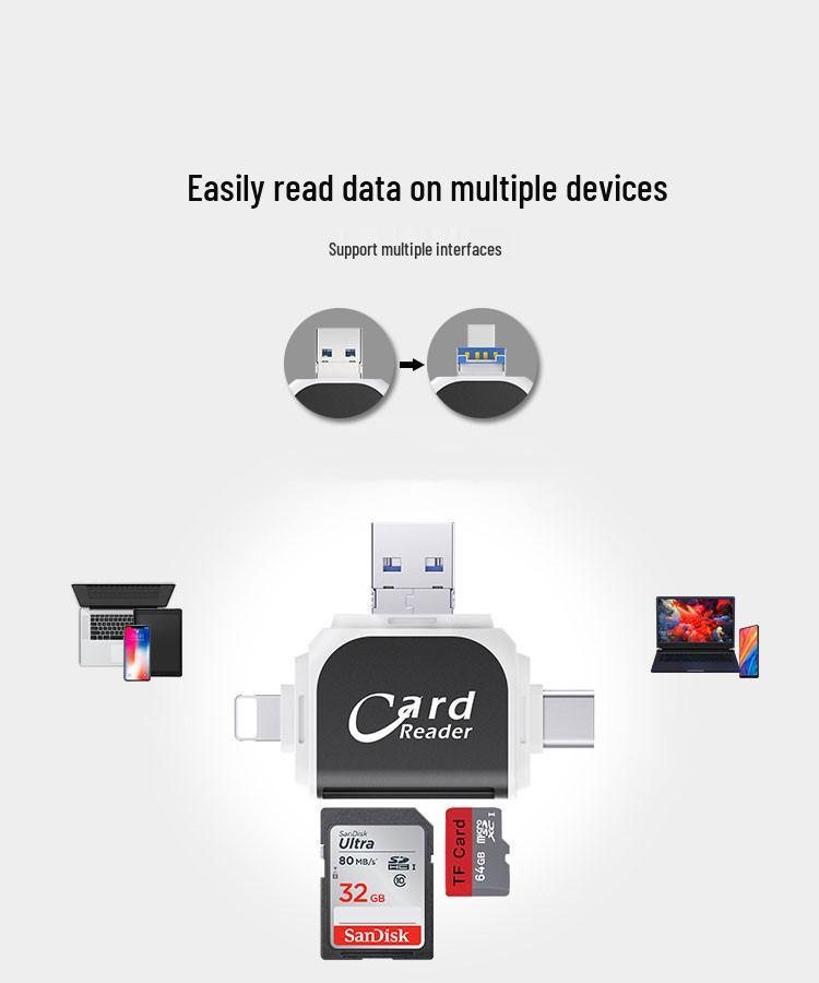 Four-in-One Multi-Function Card Reader for Apple & Android Phones: TF & SD Compatible
