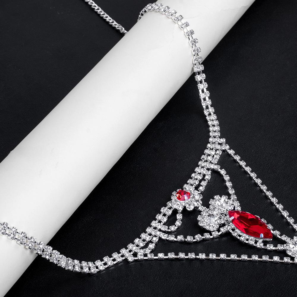 European & American Sexy Rhinestone Ruby Thong Bikini Body Chain for Women