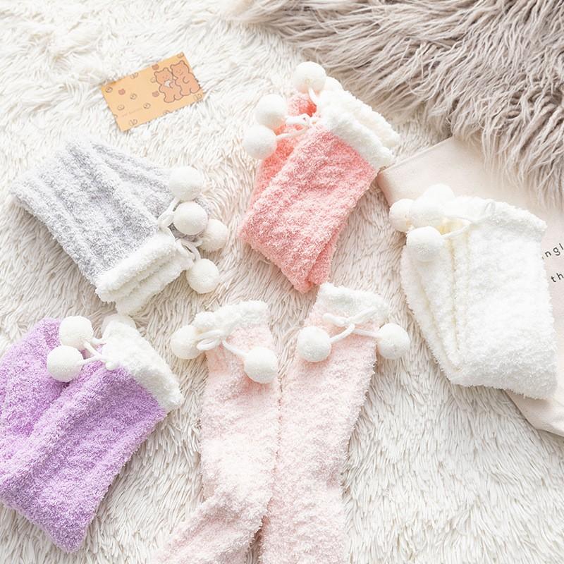 Coral Fleece Socks Medium Tube Socks Season Thickened Warm Confinement Socks Small Hairball Cute Home Sleep Socks Women