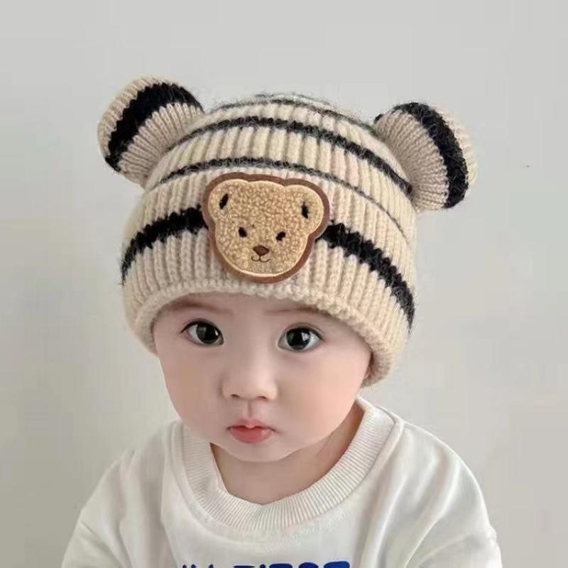 New Autumn/Winter Korean Edition Children's Knitted Hat for Boys and Girls Baby Striped Little Bear Wool Hat with Curled Cucumber Skin Warm Hat