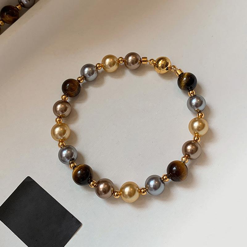 French retro tiger s eye stone pearl beaded magnetic bracelet Maillard fashion bracelet light luxury high-end jewelry women