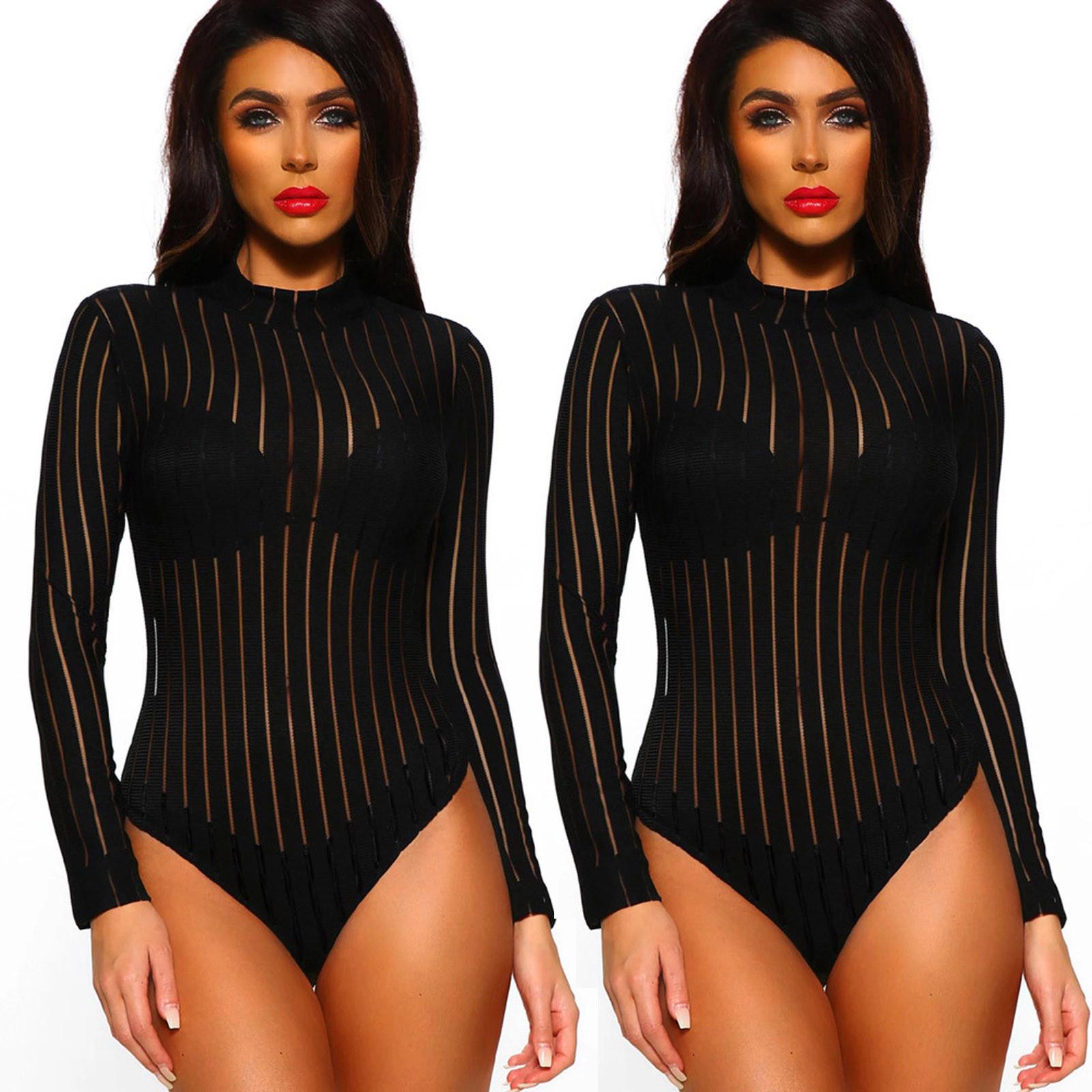 

Женский сексуальный сетчатый боди с длинными рукавами и полосками, комбинезон, комбинезон