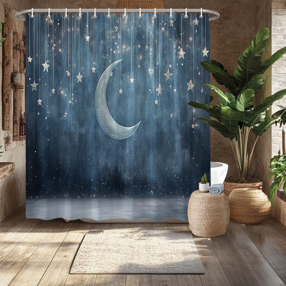 Night Sky Shower Curtain - Crescent Moon & Twinkling Stars, Blue & Grey Polyester, Fade-Resistant, Starry Bathroom Decor