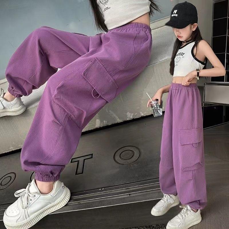 Girls' Spring Solid Cargo Pants with Pockets and Drawstring Waist