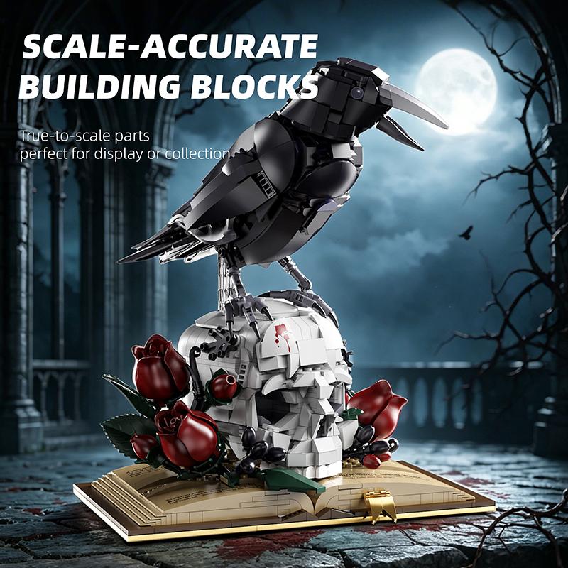 Dark Academia Gothique Crâne de Corbeau Briques de Construction MOC Corbeau Sinistre Décor de Bureau Briques Créatives Jouet d'Assemblage Cadeaux de Fêtes 1358Pcs