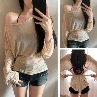 Summer Blouse Slope Collar Long Sleeve Lace-up Waist Sun Protection Cover-Up Soft Stretchy Outdoor Tops Casual Wear