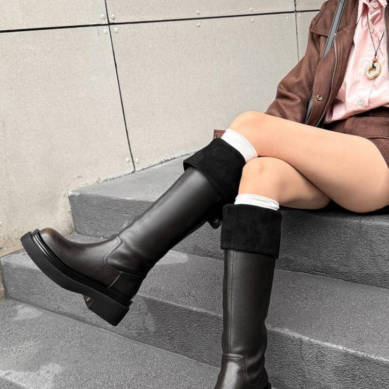 New Women's Versatile Martin Boots Solid Color Medium Heel Large Size Women's Boots Thick-soled Non-slip Round Head Autumn and Winter Leather High 