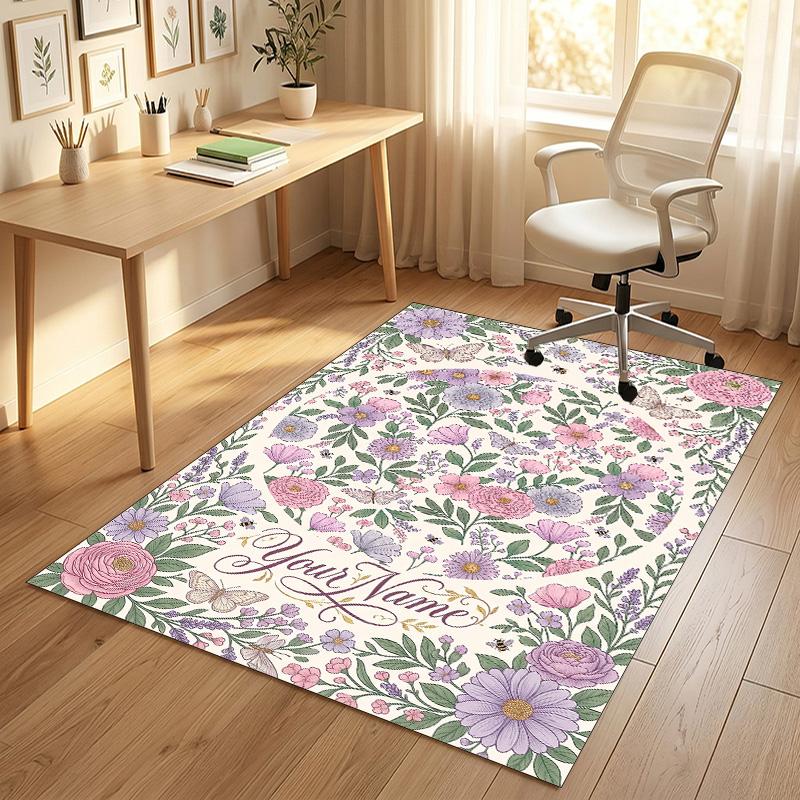 Floral Fantasy Theme Soft Crystal Velvet Rug Custom Name & Text Print Non Slip Floor Rug for Bedroom Living Room