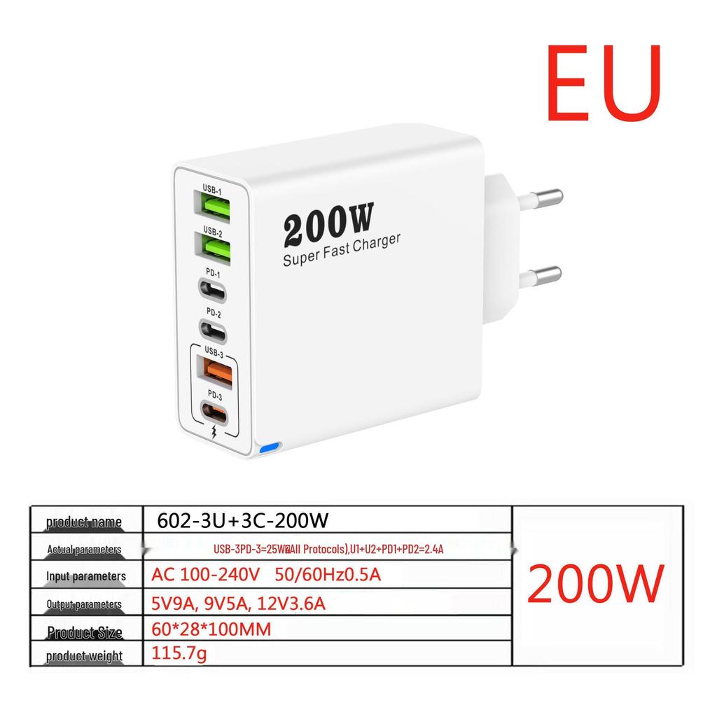 200W Multi-Port Charger - 3 USB & 3 PD Ports, Six-in-One Fast Charging for Phones (5V 2.4A), EU/US/UK Compatible