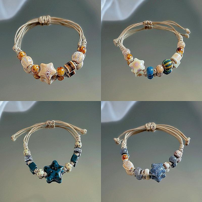 Handgemachtes Keramikarmband im Boho-Stil mit Sternmotiv für Frauen und Mädchen, einzigartiges verstellbares Armband im Ethno-Stil, Schmuck, Accessoires, Geschenke
