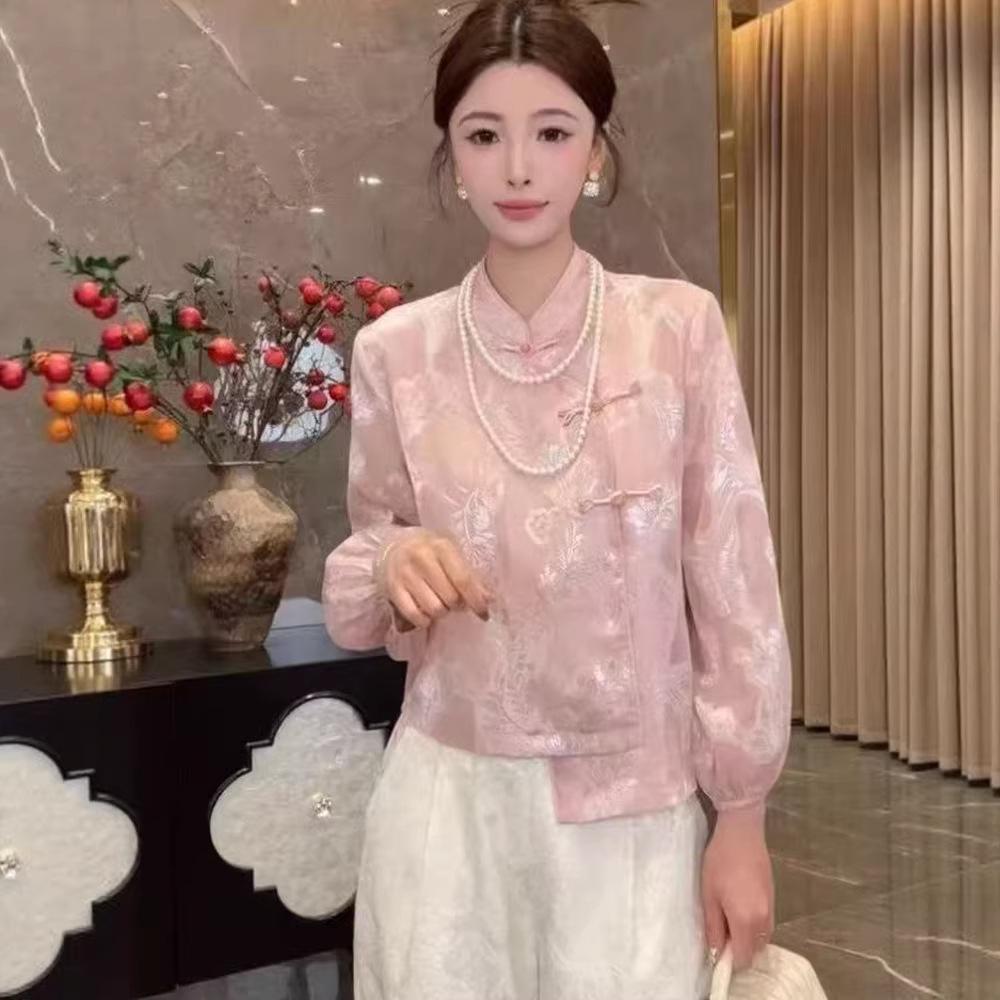 2026 Spring Chinese Style Embroidered Jacquard Frog Button Stand Collar Shirt