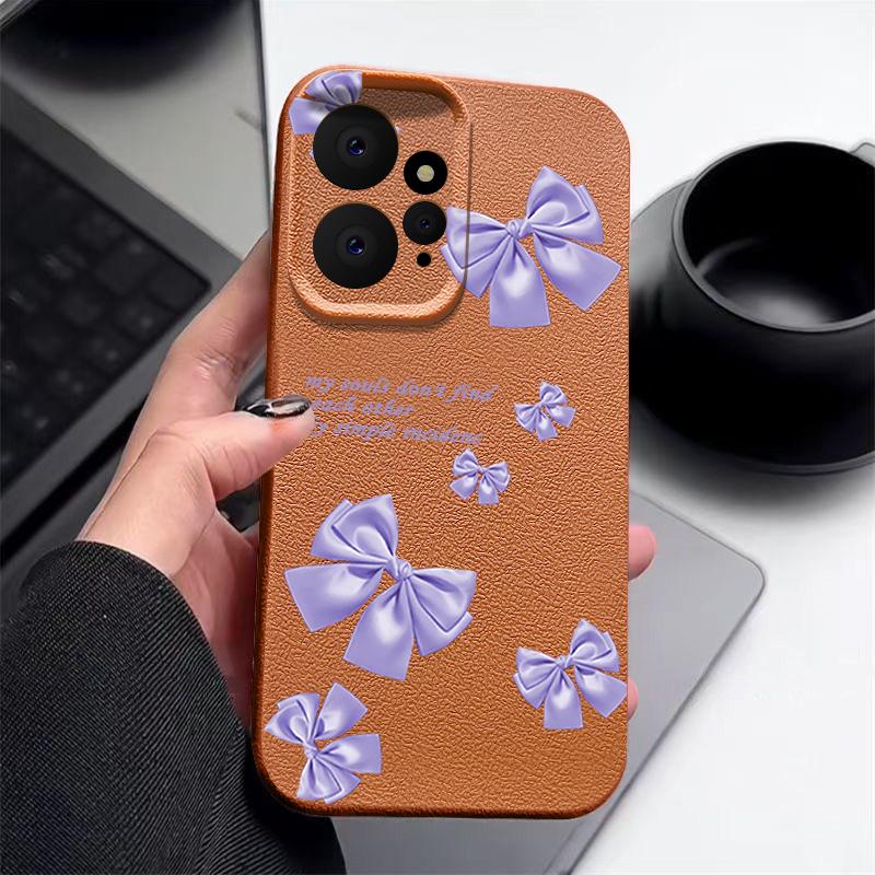 Purple Bowknot Print Leather Texture TPU Matte Case For Xiaomi 13T Poco X6 M6 Redmi Note 14 Pro 13 12 11 Lens Protection Soft Shockproof Phone Cover