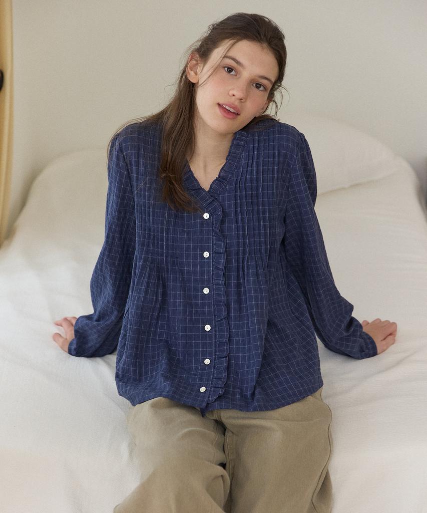 OURHOPE Poem Ruffle Pintuck Check Blouse - Navy