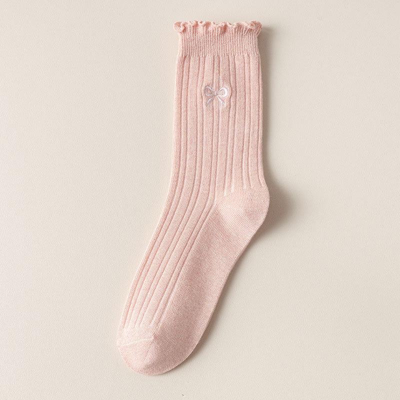 Ladies Spring and Autumn Thin Wooden Ear Embroidered Bow In The Tube Pile Pile Cotton Socks