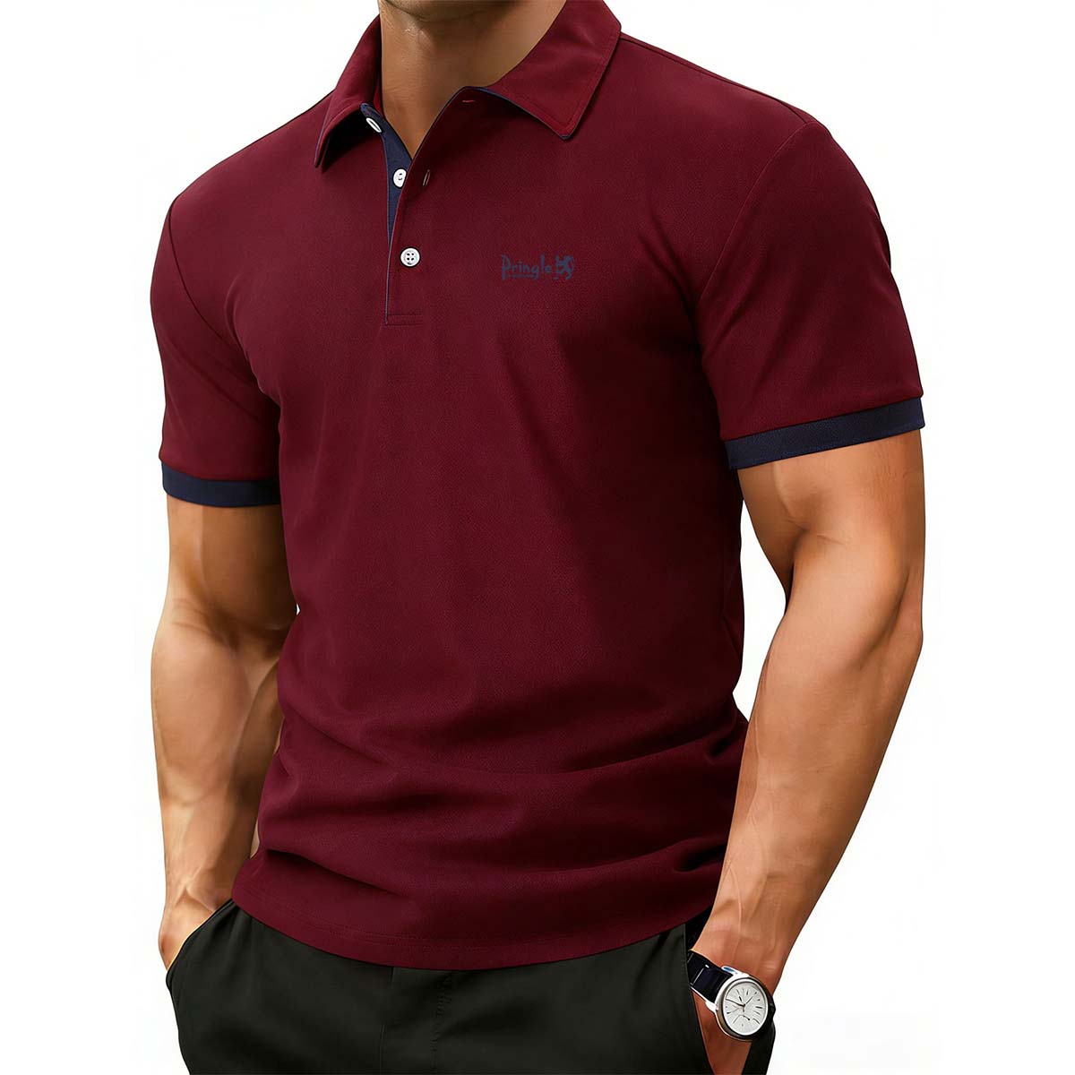 

Men s Pringle Lion Embroidery Short Sleeve Polo Contrast Red Trim Casual Sport Tops S червоний