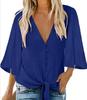 Women's Three Quarter Sleeve Blouse V Neck Elegant Chiffon Top Tie Knot Beach Vacation Shirt