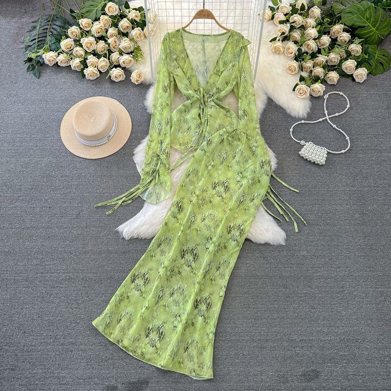 

V Neck High Waist Sheath Fishtail Skirt Fashion Suit Green S