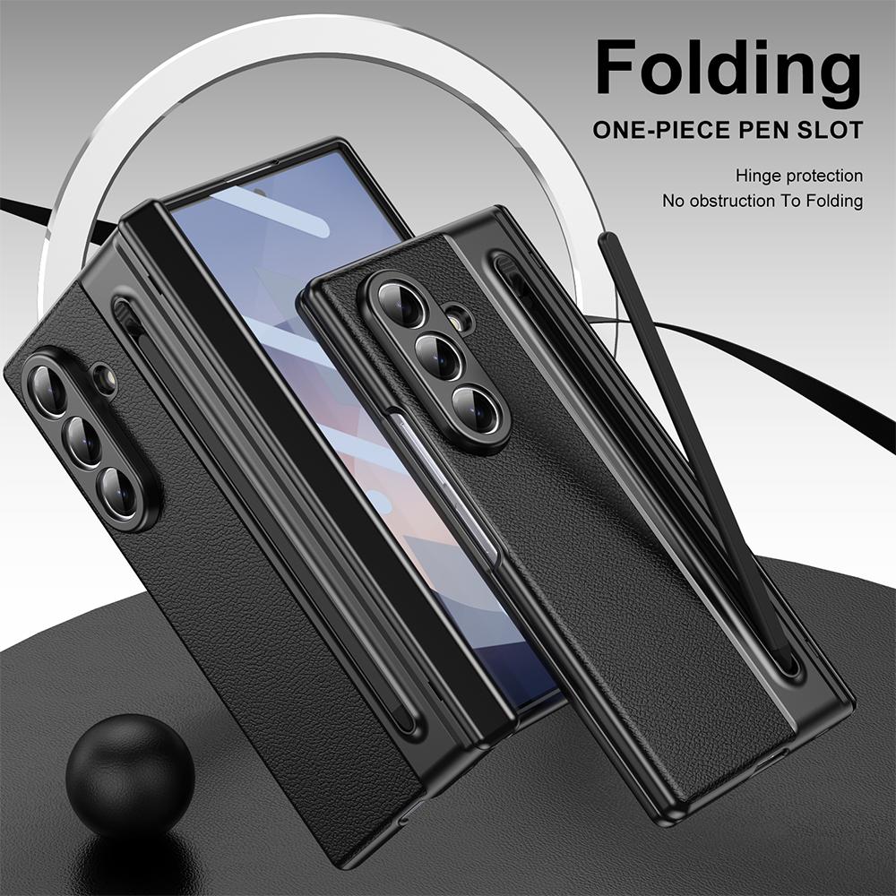 Plating Leather Hinge Case For Samsung Galaxy Z Fold 7 6 5 With Screen Glass Film All Inclusive Pen Slot Fold7 Protective Cover